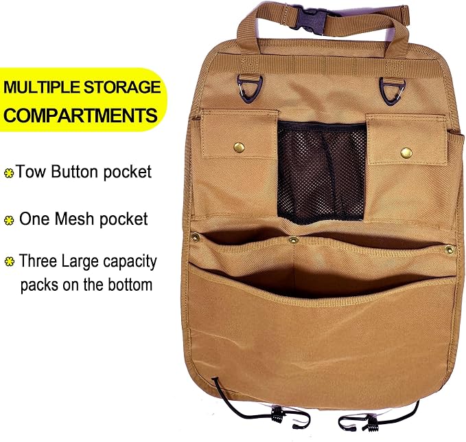 Car Seat Back Organizer with Multiple Pockets and Hooks (brown)