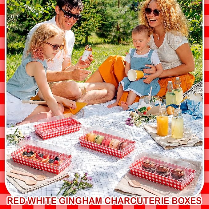 Bokon 50 Pack Red Gingham Charcuterie Boxes with Clear Lids Italian Night Theme Party Supplies Disposable Food Containers for BBQ Picnic Sandwich and Cookie Packaging Boxes