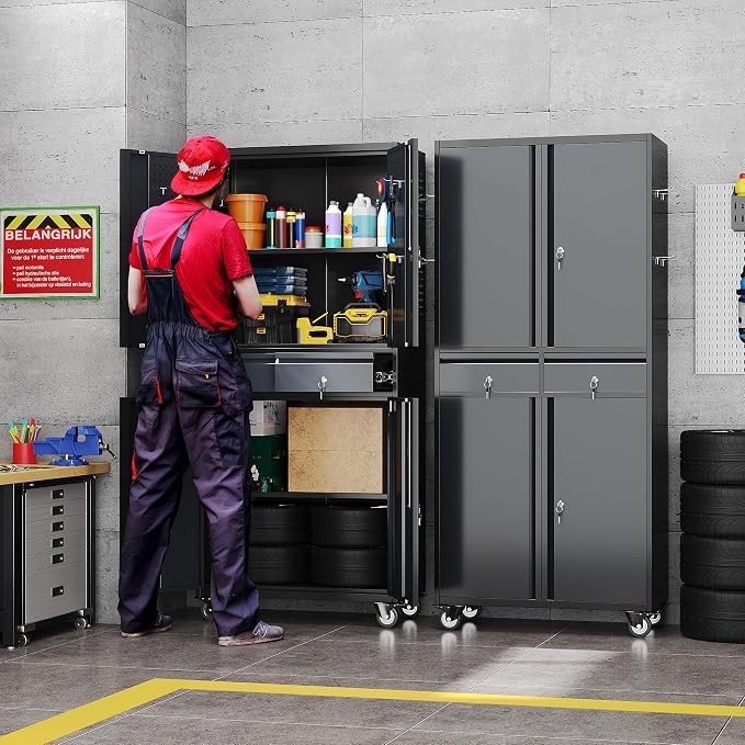 Reemoon Garage Storage Cabinet with Wheels and Doors,71" H Metal Storage Cabinet with Pegboard and 2 Drawers for Garage, Warehouse,Home,Required Assembly,Black and Dark Grey