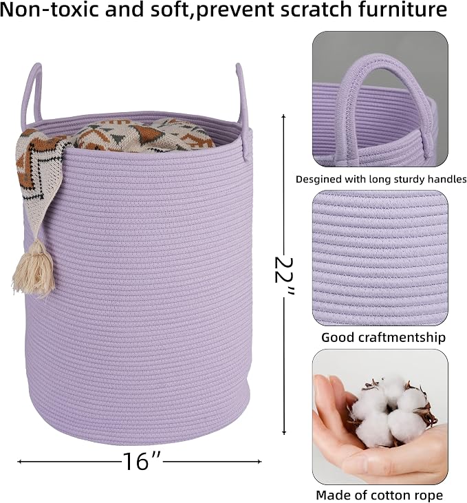 XUANGUO Rope Laundry Basket Hamper for Clothes Large Purple Lavender | Baby Nursery Hamper Bin and Woven Storage Basket for Living Room Bedroom Boho Tall Rope Baskets Blankets Toys Pillows Towels