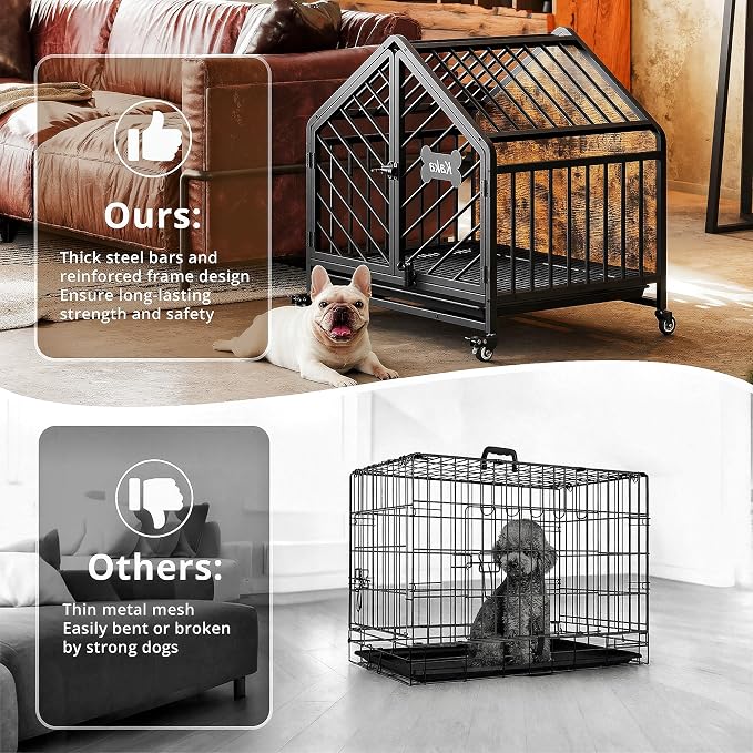 IRONCK 27.6" Dog Crate Furniture with Pull-Out Tray and Wheels | Roof-shape frame. 4 wheels and pull-out tray. Bone name tag. For small medium dogs.