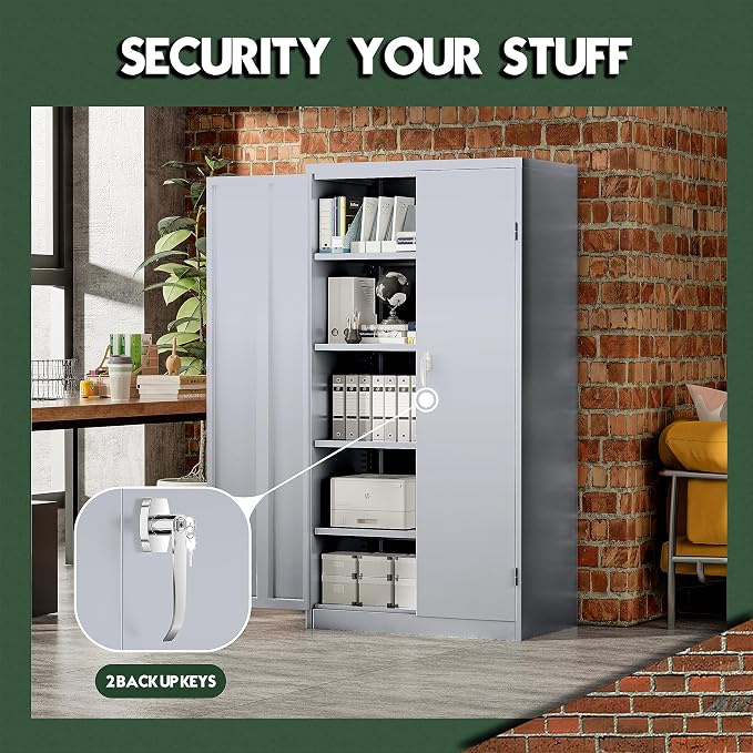 Greenvelly Metal Storage Cabinet, 72" Lockable Metal Garage Storage Cabinet with Doors and 4 Adjustable Shelves, Locking Steel Cabinet for Home Office, Garage, Shop, School (Dark Grey 36" W x 18" D)