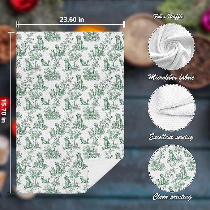 Chinoiserie Golden Doodle Kitchen Towels Set of 2,Golden Doodle Gifts Hand Towels for Kitchen Bathroom Decor, Sage Green Botanical Grandmillennial Dog Decorative Dish Tea Towels, 16x24 Inch