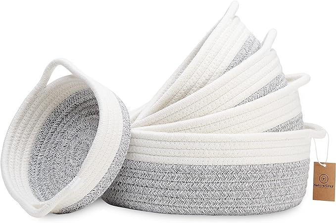 NaturalCozy 5-Piece Round Woven Cotton Rope Storage Baskets for Organizing, Small Shallow Nesting Set for Montessori Toys, Entryway Catchall, Fruit Bowl, Key Tray, Remote Holder, Nursery & Pet Toys