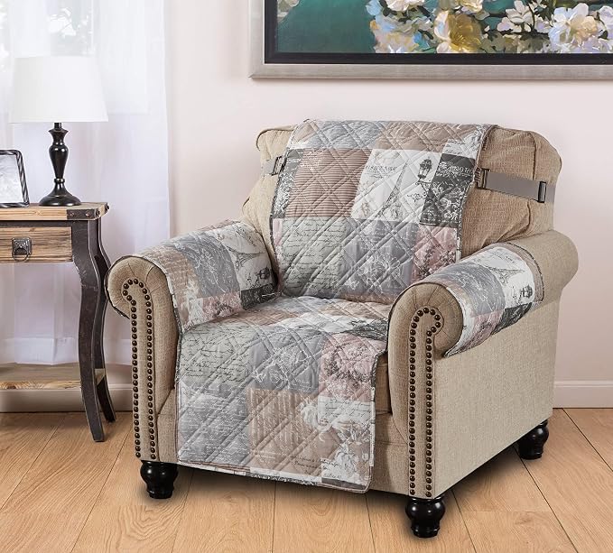 Brilliant Sunshine Latte Grey Paris & Toile Couch Armchair Cover, 23" seat | Quilted Sofa Cover, Living Room & Bedroom Furniture Protector, Washable Chair Slipcover for Pets, Dogs & Cats