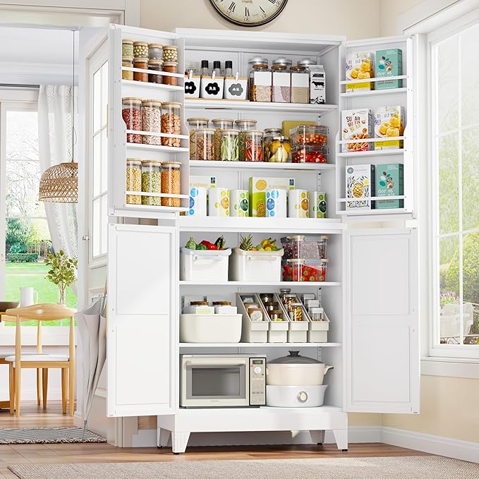GAIOUS 74.8" Tall Metal Food Cabinet, White Kitchen Pantry Cabinet | Storage Cabinets with 4 Door and 4 Adjustable Shelves, Steel Freestanding Cupboard for Kitchen Dining Living Room Bathroom