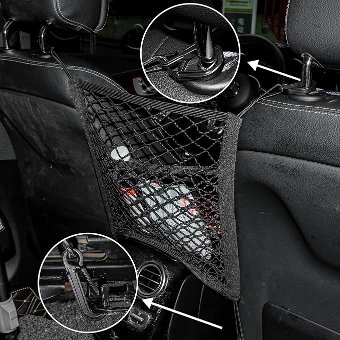 15.7×13.7" Mesh Car Organizer (3 Layers) | Between-Seat Storage Net with Pet Barrier, Holds Tissue, Purse & More – Fits SUV/Truck/Van