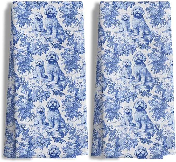 Nipi Chinoiserie Golden Doodle Kitchen Towels Set of 2, Blue and White Botanical Grandmillennial Dog Decorative Dish Tea Towels,Golden Doodle Gifts Hand Towels for Kitchen Bathroom Decor,16x24 Inch