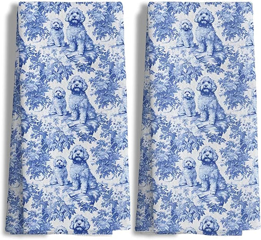 Nipi Chinoiserie Golden Doodle Kitchen Towels Set of 2, Blue and White Botanical Grandmillennial Dog Decorative Dish Tea Towels,Golden Doodle Gifts Hand Towels for Kitchen Bathroom Decor,16x24 Inch
