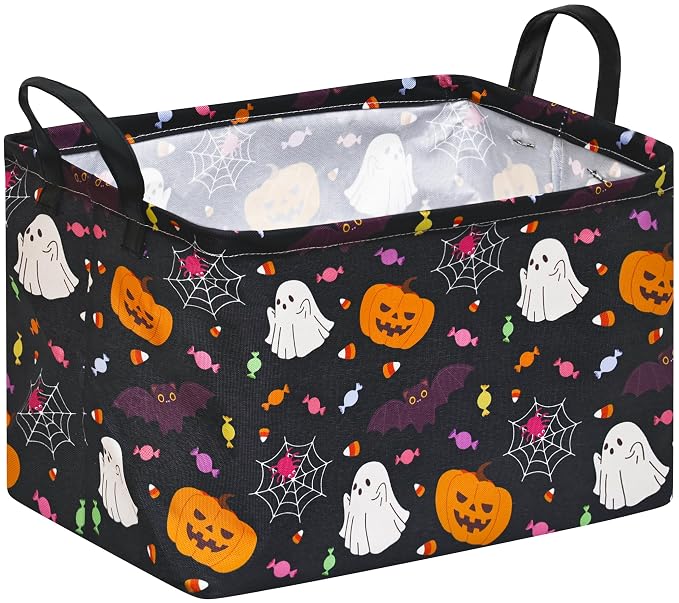 Kids Storage Basket with Halloween Print, 14.5" x 10.2" x 9.4", Waterproof | Foldable Organizer with Leather Handles;Ideal for Halloween Treats,Kids' Gifts,Laundry & Toy Storage;Spooky Holiday Decor