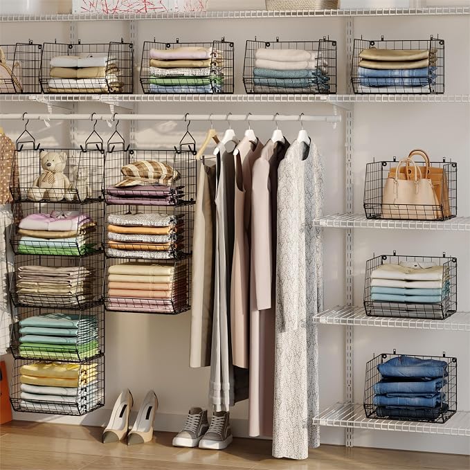 X-cosrack 5 Tier Closet Hanging Organizer, Clothes Hanging Shelves with 4 Hanging Hooks 5 S Hooks, Wire Storage Basket Bins, for Clothing Sweaters Shoes Handbags Clutches Accessories Patent Design