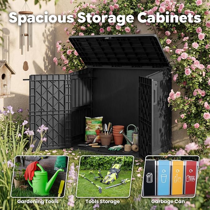 LHBcraft 36 Cu Ft Outdoor Storage Cabinet, Horizontal Resin Storage Shed Box for Backyards, Patios, Portable Waterproof Outdoor Storage Box with Lockable Doors