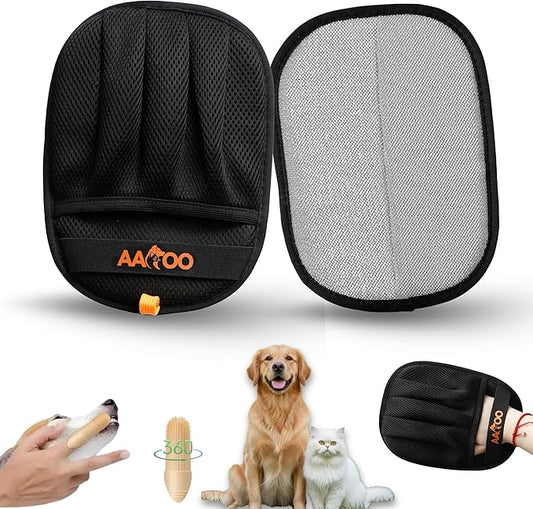 Pet Hair Removal Glove for Cats & Dogs with Silicone Pet Toothbrush – Reusable Magic Brush – Five-Finger Electrostatic Pet Hair Remover Glove for Laundry, Couch, Carpet & Car Seat
