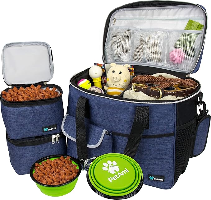 PetAmi Dog Travel Bag Organizer, Pet Supplies Diaper Tote, Navy Blue Large | Pet Travel Kit with 2 Food Containers & 2 Collapsible Dog Bowls, Luggage Sleeve, Weekend Getaway Road Trip Camping Essentials