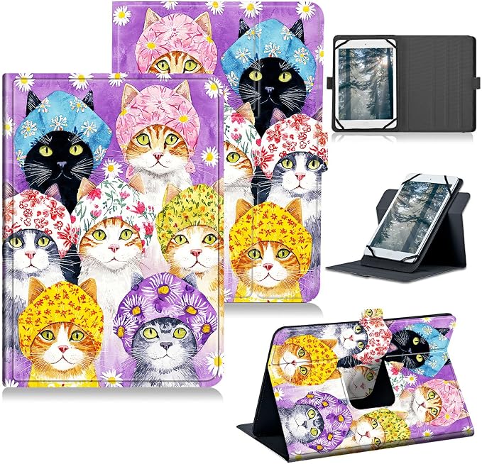 Universal Tablet Case for T-Mobile Revvl Tab 2 10.1" Model:9185W 2025/Revvl Tab 5G 10.36" 2023, 360 Degree Rotating Kickstand Protective Stand Leather Shell Cover for 9"-10.5", Purple Cat