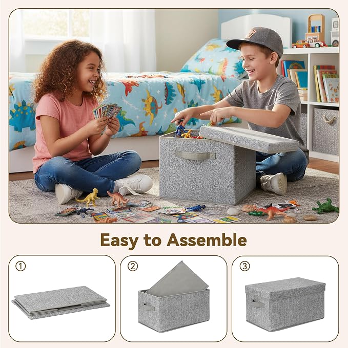 GRANNY SAYS Storage Bins with Lids, Decorative Storage Boxes with Lids | Storage Box with Dust Cover, Handles & Lable, Collapsible, Ideal for Closet Clothes Blanket Toys, Medium, Ash Gray, 3-Pack