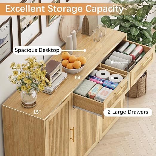 2 X 13 Gallons Double Pull Out Trash Can Cabinet with Storage, Oak | 54"W Fluted Kitchen Trash Cabinet with Adjustable Shelf & Drawers, Hidden Pet Proof Trash Can Holder for Laundry Living Room