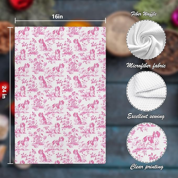 Pink Chinoiserie Cavalier King Charles Spaniel Kitchen Towels,Cavalier King Charles Spaniel Gifts,Grandmillennial Botanical Dog Hand Towels for Kitchen Bathroom, 16x24 Inch