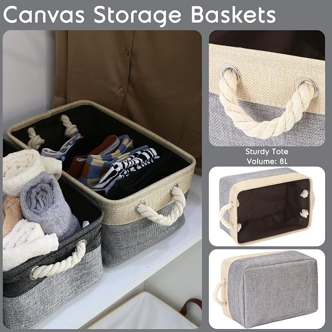 Sea Team Compact Rectangle Canvas Open-Top Storage Baskets, 3-Pack | Collapsible Fabric Storage Bins with Handles, Closet Shelf Organizers, 12 x 8 x 5 Inches, Gray & Beige