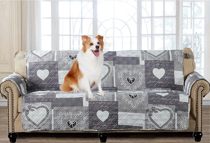 Brilliant Sunshine Grey Heart Love Patchwork Couch Cover, 70" seat | Quilted Sofa Cover, Living Room & Bedroom Furniture Protector, Large Washable Slipcover for Pets, Dogs & Cats