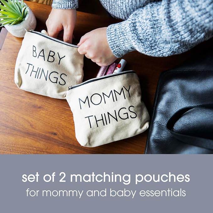 Pearhead Mommy and Baby Things Zipper Pouches, Set of 2, Organizer Bags | Diaper Bag Storage Organizer, Canvas Zipper Organize Bags for Travel or Hospital Bag, New Mom Gift, Cosmetic Makeup Bag