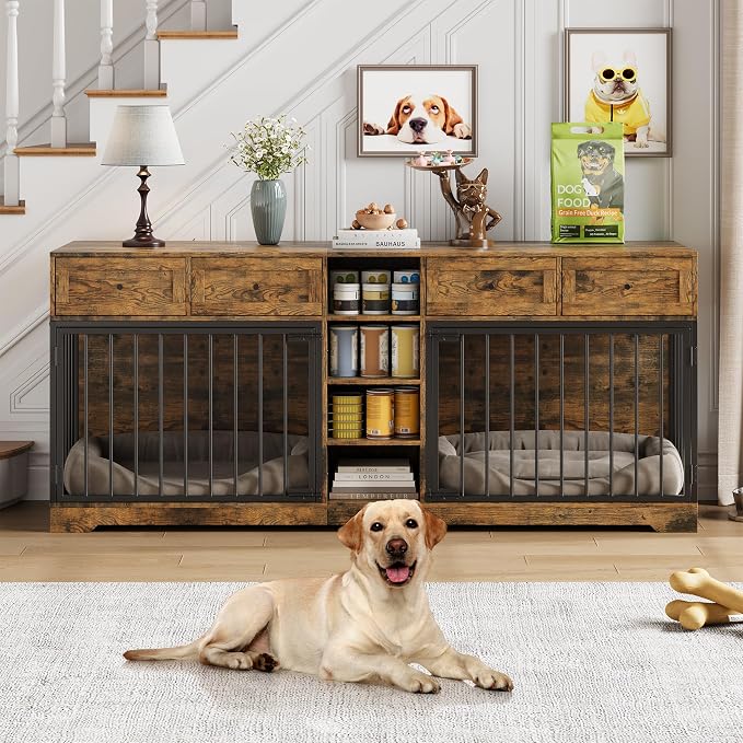 Dog Crate Furniture for 2 Dogs, Double Dog Crate TV Stand, Brown | 82" Large Dog Kennel Indoor with 4 Storage Drawers and 4 Shelves, Suitable for Small, Medium and Large Dogs
