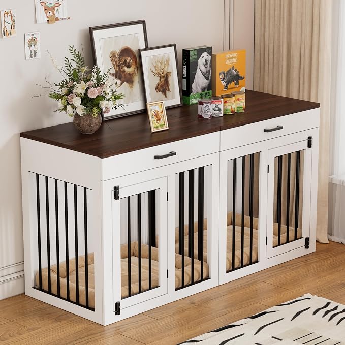 PAKASEPT 3 in 1 Extra Large Corner Dog Crate Furniture for 3 Dogs,Wooden Dog Crate Kennel with 2 Drawers,Divider,Power Outlet,Heavy Duty Double Dog Kennel TV Stand Indoor for Small,Medium,Large Dogs