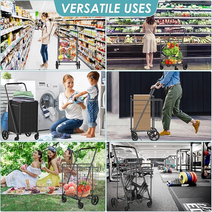 Upgraded Shopping Cart for Groceries,330LBS Jumbo Grocery Cart | Waterproof Liner, 360° Rolling Swivel Wheels and Double Basket, Heavy Duty Folding Shopping Carts for Laundry Transport