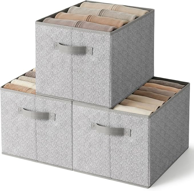 GRANNY SAYS Closet Storage Bins with Handles, Gray, Large, 3-Pack | Storage Baskets for Organizing, Fabric Storage Bins with Handles, Clothing Storage Containers for Wardrobe