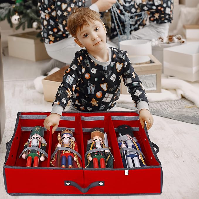 2 Pack Christmas Figures Storage Box | Each Holds 4 Holiday Figurines up to 16” | Adjustable Nutcracker Decor Ornament Storage Container | Xmas Decorations Accessories Boxes (Red)