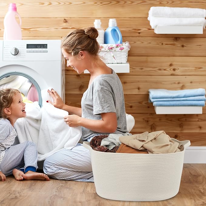 XUANGUO Large Rectangle Woven Cotton Rope Blanket Basket 22"x17"x12" White | Storage basket for nursery and living room; toy basket for kids, dog toy storage, or laundry basket for clothes and towels.