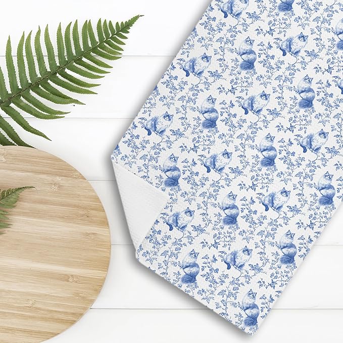 Chinoiserie Floral Ragdoll Kitchen Towels,Blue and White Cat Decor Kitchen Dish Tea Towels Bathroom Gifts for cat Lovers Women Men,16x24 Inch