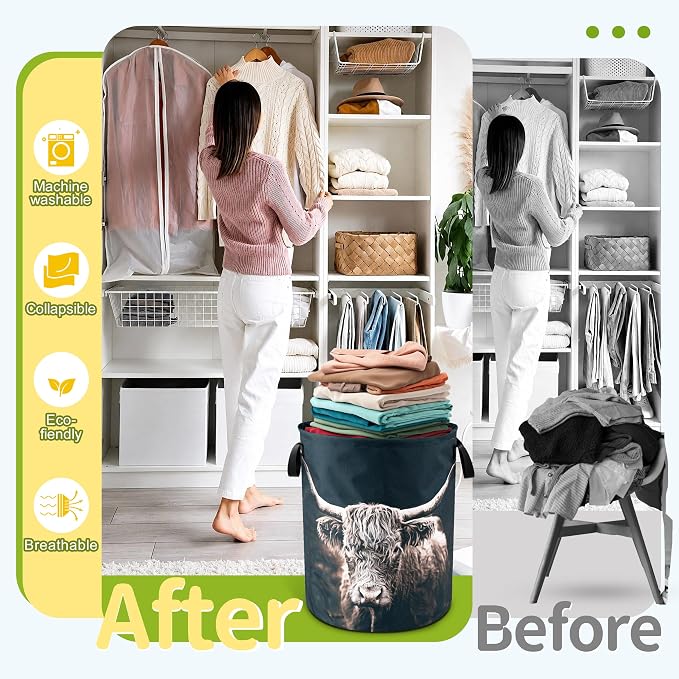 Highland Cow Laundry Basket Foldable Waterproof Hamper 18.9 x 16.5 Inch | Oxford Cloth With Reinforced Handles Lining Design Large-Capacity Storage For Bathrooms/Laundry Rooms/ Living Rooms/Bedrooms