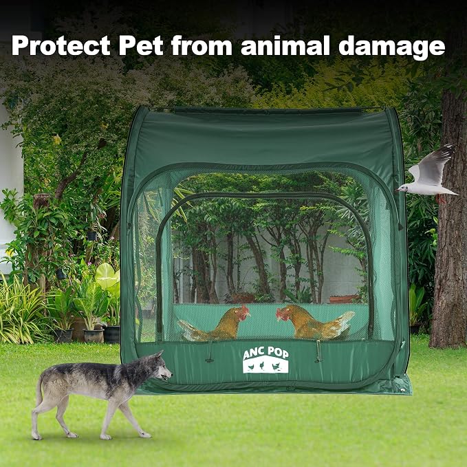 ANC POP Portable Chicken Run, Pop Up Chicken Tent for Small Animals Outdoor Gardening Net with 3 Doors and Handbag, Easy to Install and Storage, Green (40 x 40 x 45)