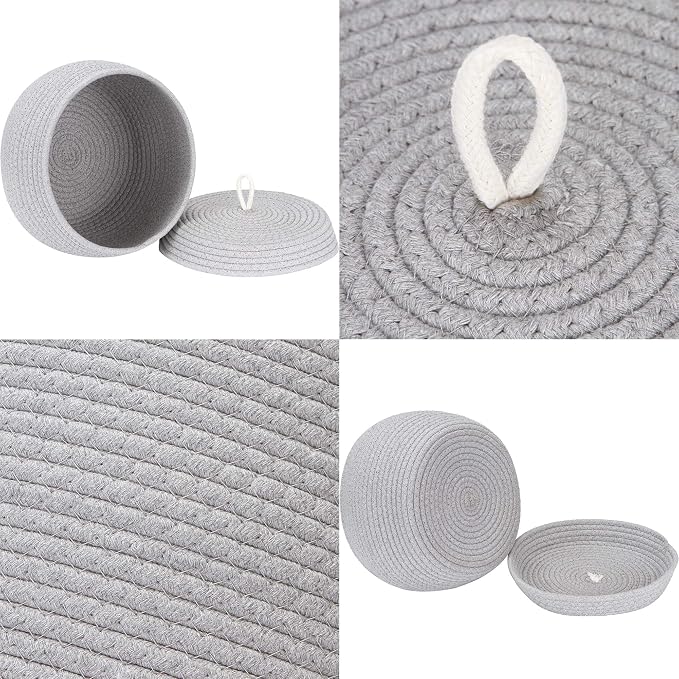 Sea Team Round Woven Cotton Rope Storage Basket with Lid, Gray | Lidded Knitted Decorative Storage Bin, Pot, Caddy, Organizer, Container for Snacks, Towels, Plants, 10 x 7.5 Inches