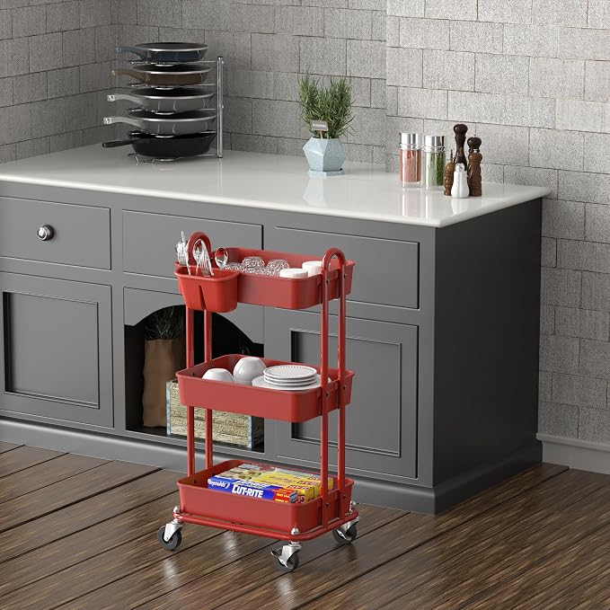 Simple Houseware 3-Tier Rolling Utility Cart with Hanging Bucket, Red | Storage for Bathroom, Kitchen, Office, Study Room, Nursery Diaper