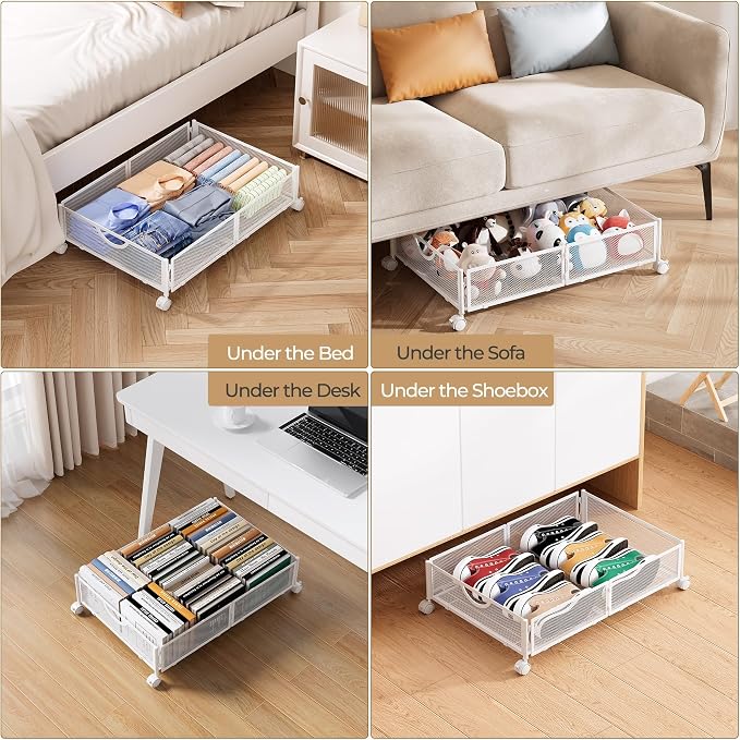 Yecaye Under Bed Storage with Wheels, 2 Pack Under Bed Shoe Storage, White | Sturdy All-Metal Frame, Foldable, 360° Rolling Wheels, Tool-free Assembly, Underbed Storage Drawers for Shoes, Toys, Clothes