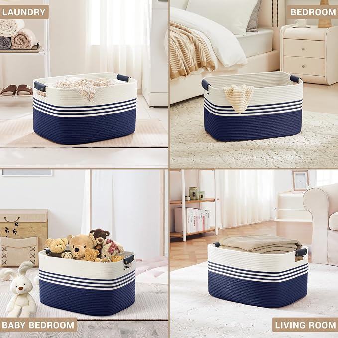 72L Large Woven Laundry Basket Hamper with Leather Handles,Navy | collapsible wicker hamper, storage for dirty clothes, toys, blankets, gifts, living room, bedroom, bathroom, 22"x17"x12"