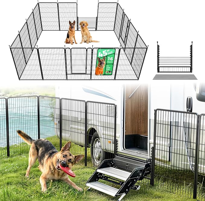 FXW Rollick Dog Playpen with RV Step Grid for RV Camping, 45" H, 16 Panels | Easy Setup & Sturdy, Blocks RV Stair Gaps, Fits RV Steps up to 26"W, For Large Dogs, Patented