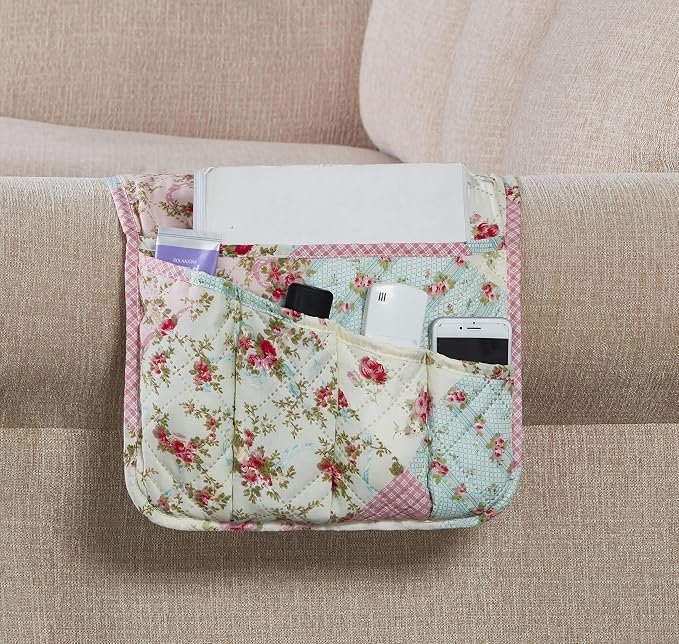 Brilliant Sunshine Pink & Green Roses Couch Armrest Cover, 35"×13" | Washable Magazine Holder, Armrest Organizer & Caddy on Sofa, Recliner, Armchair, Storage for Remote Controls, Phone, iPad
