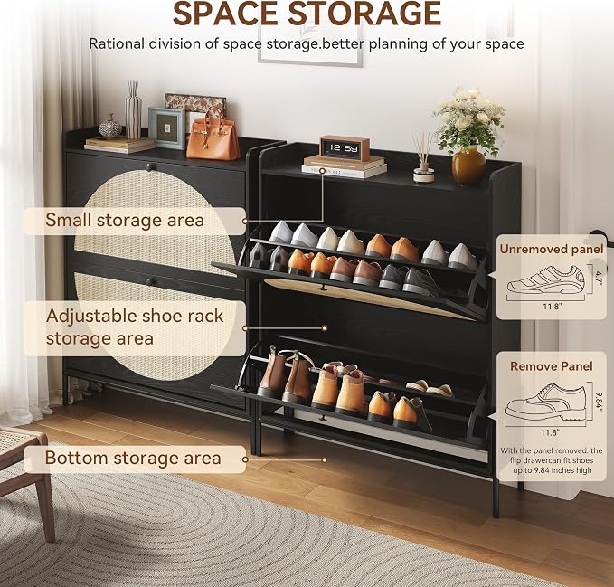 Rattan Shoe Cabinet Storage,Narrow Shoe Rack for Entryway with 2 Flip Drawers, Freestanding Wooden Shoe Organizer Cabinet with Metal Legs for Hallway