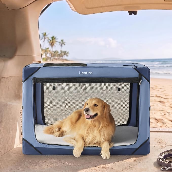 Lesure Portable Soft Collapsible XL Dog Crate, 42in Blue | Travel Camping Pet Kennel, 4-door, Indoor and Outdoor Use, Easy to Set Up and Fold, For Extra Large Breeds Up to 90lbs