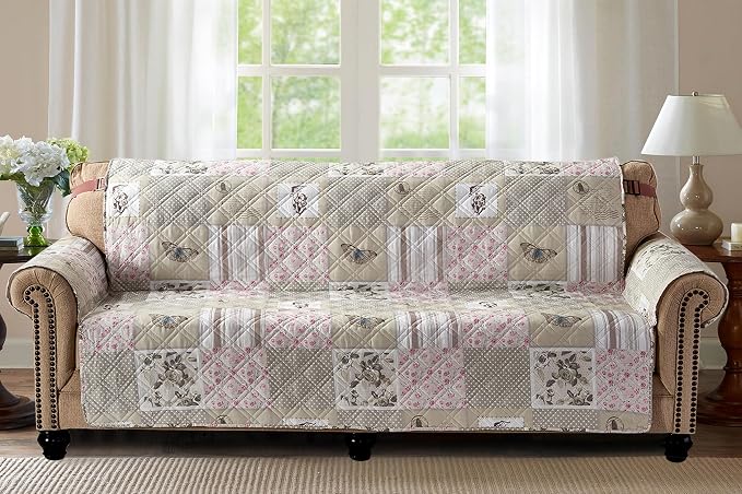 Brilliant Sunshine Grey Cupid & Pink Roses Patchwork Couch Cover, 78" seat | Quilted Sofa Cover, Living Room & Bedroom Furniture Protector, Extra Large Washable Slipcover for Pets, Dogs & Cats