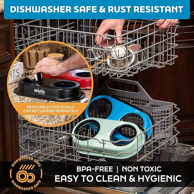 Master Pet Supply Double Dog Bowls Set with Elevated Base and 2 (8 oz) Stainless Steel Removable Dishes (Glacier Blue) – Double Cat Food Water Bowl, Dog Puppy Food Bowl Set, Rust Resistant
