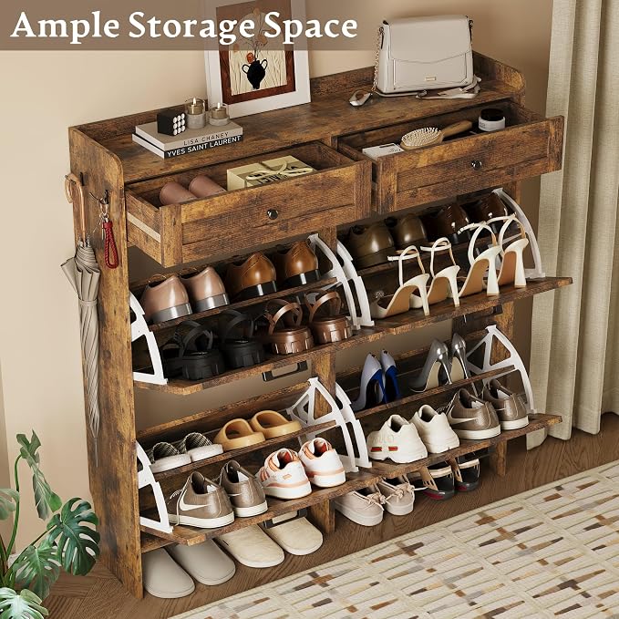 BORNOON Shoe Storage Cabinet for Entryway, Farmhouse Wide Shoe Cabinet with 4 Flip Drawers and 2 Top Drawers, Freestanding Organizer with Adjustable Shelves, Hooks, and Anti-Tip Kit for Hallway