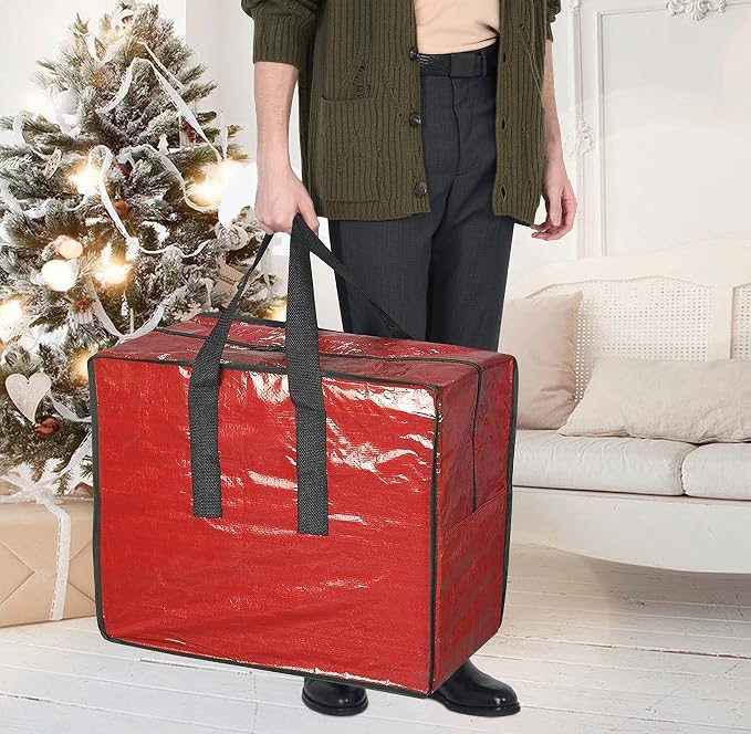 Christmas Ornaments Storage, Holiday Accessories Bag Tear-Proof Tarp 18 X 10 X 15 with Handles and Full Length Zipper (Red)
