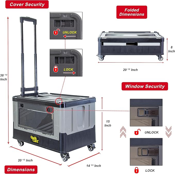 dbest Products Quik Cart Extended Collapsible Rolling Crate - Gray & Black | with Wheels, Dual Side Doors, Two-Position Handle, 360 Spinner Wheels, Foldable Utility Basket Cart with Seat, 80 lbs