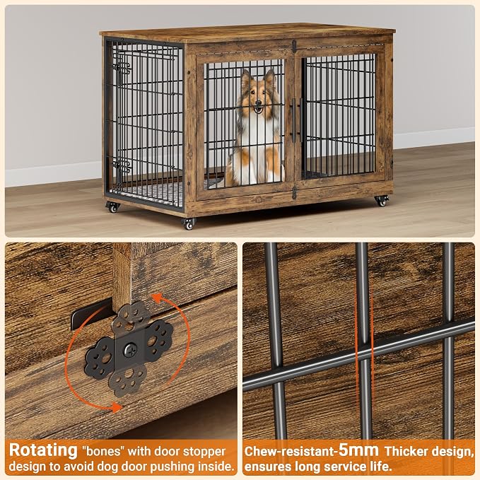 44'' Decorative Large Dog Crates Furniture w/Cushion & Wheels Wood Kennel | Rustic Brown, Double Doors, Wooden Dog Cage, Chew-Resistant, End Table, Decorative, 27"/32"/38"/44" Options, Indoor