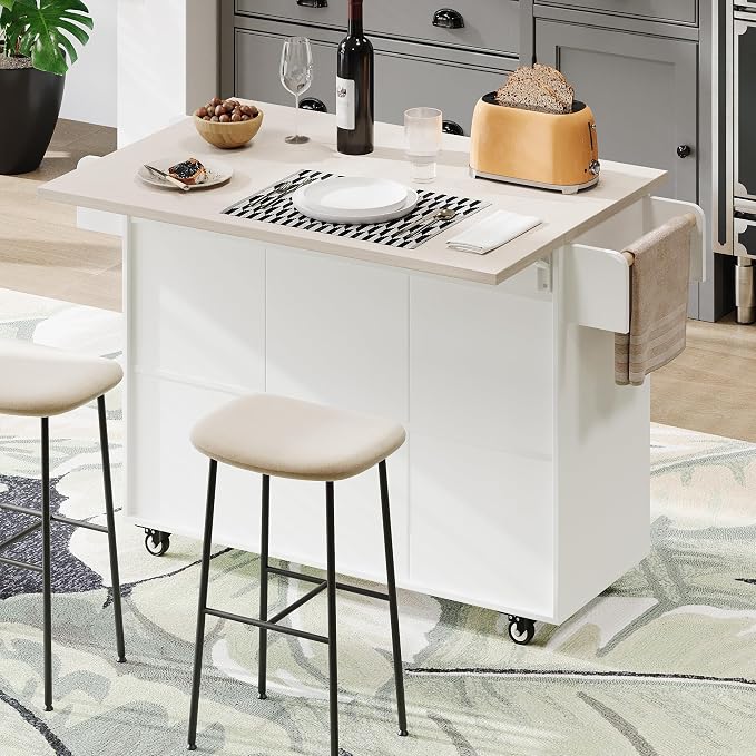 51" Farmhouse Kitchen Island with Trash Can & Storage - Modern White Rolling Kitchen Island with Drop Leaf, Spice Rack, Towel Rack, 20.55"D x 51.06"W x 35.04"H