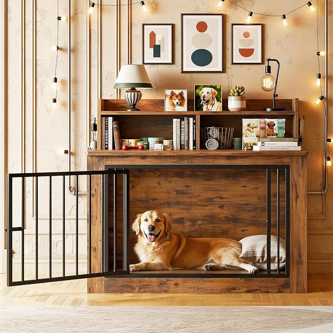 IRONCK 43.3" Extra Large Dog Crate Furniture with Storage Shelf | 10mm iron rods. Storage shelf and 4 hooks. 200 lb tabletop. 30"L x 43.3"W x 41.1"H indoor large crate